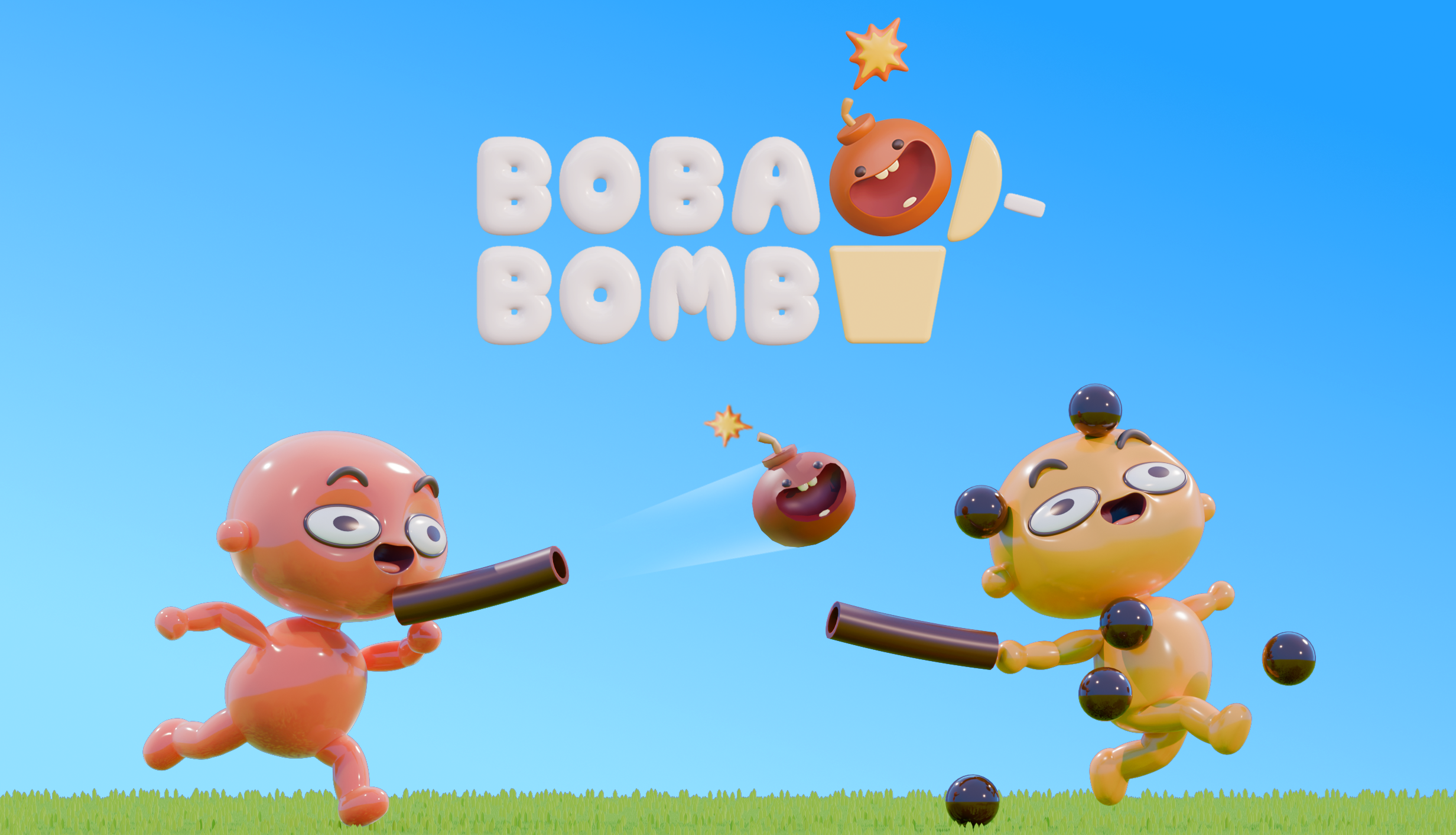 BOBABOMB: a pink and a yellow boba character battle with giant bubble-tea straws beneath the game logo.
