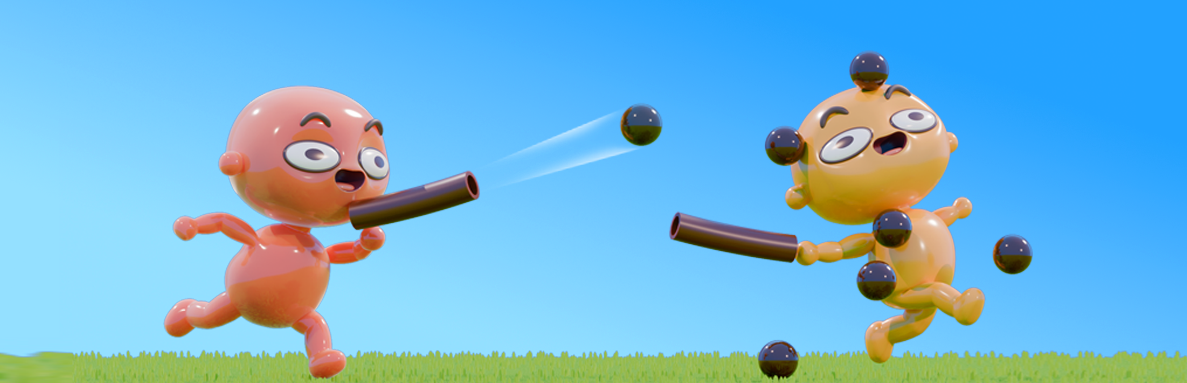 Pink and yellow Boby characters fire boba through giant straws in a grassy playground.