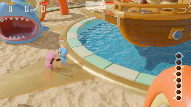 A bigger Boby pushes a rival, then sends them into the water with a straw swat.